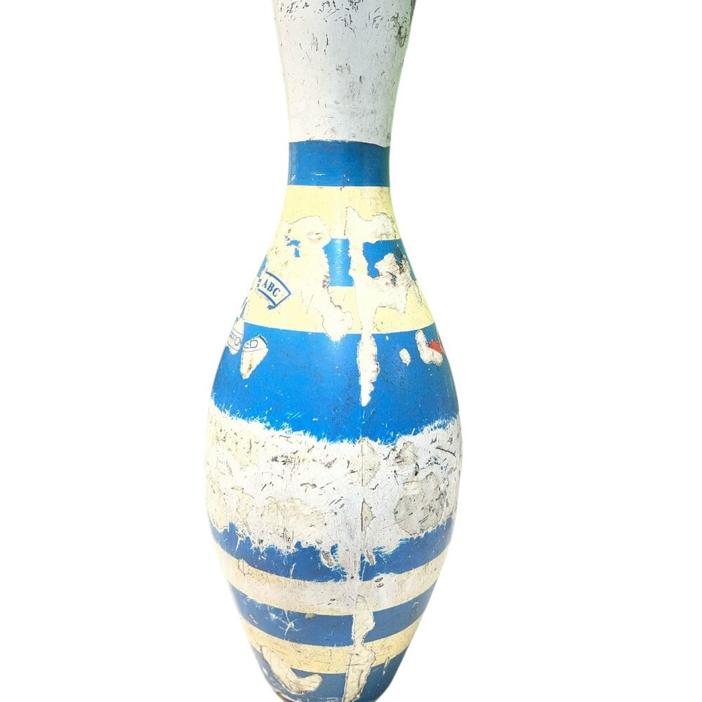 Vintage Blue And White Striped Bowling Pin Wooden Plastic Coated Made In USA